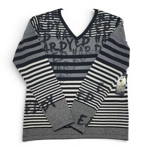 Ed Hardy Sweater XXL NWT‎ Striped Black White Logo Knit Long Sleeve Wool Blend